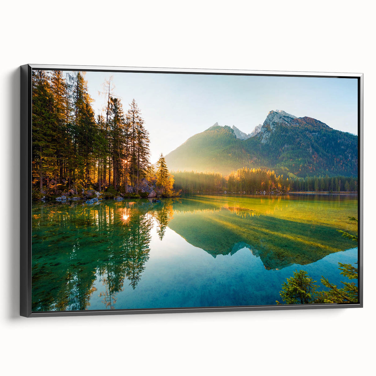 Black and white wall art featuring a vintage poster style landscape of Bavaria, Germany on a framed canvas.