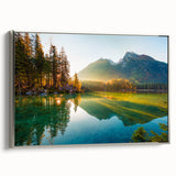Framed canvas of a Bavarian landscape painting, featuring vibrant green and blue tones, ideal for living room decor.