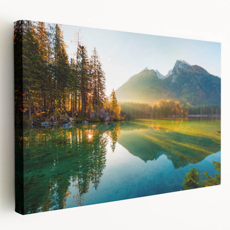 Large canvas print featuring a serene Bavarian landscape, with lush greenery and a calm river, ideal for kitchen wall art.