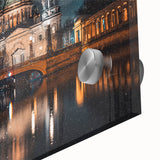 Large abstract wall art of Berlin scenery on acrylic glass, in muted earth tones, suitable for dining room ambiance.