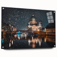 Acrylic print of a large abstract depiction of Berlin's skyline in muted gray and blue tones.