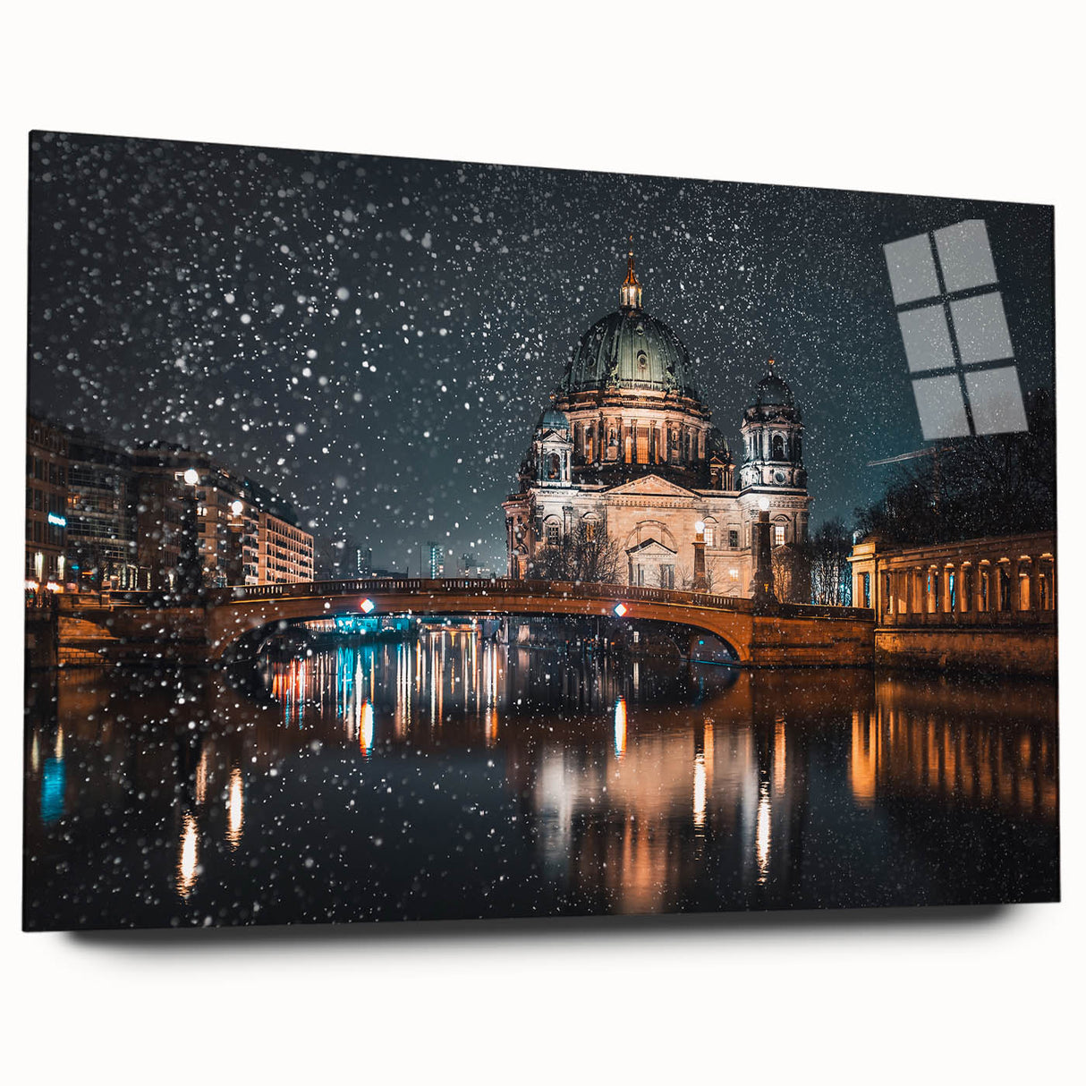 Large abstract wall art of Berlin scenery in muted gray and blue tones on acrylic glass.