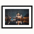 Extra large abstract art print of colorful, textured Berlin scenery on black framed canvas, ideal for living room decor.