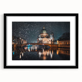 Extra large abstract art print of colorful, textured Berlin scenery on black framed canvas, ideal for living room decor.