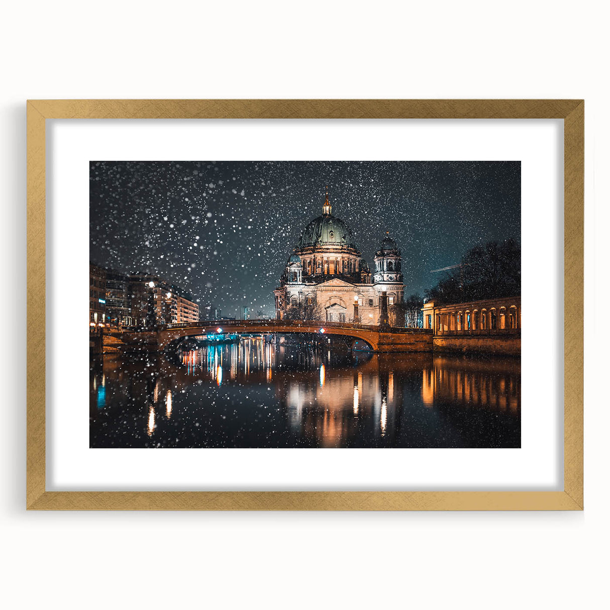 Abstract art print of Berlin scenery in muted gold and gray tones, framed with a gold mat.
