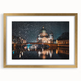 Abstract art print of Berlin scenery in muted gold and gray tones, framed with a gold mat.