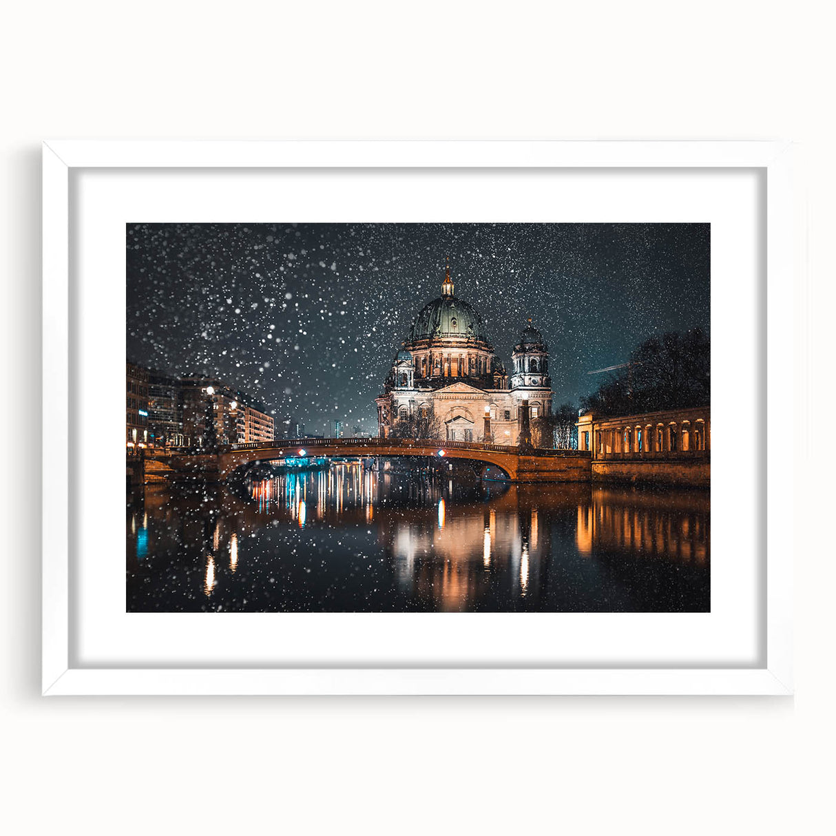 Textured abstract art print depicting Berlin scenery in muted gray and blue tones, framed with a white mat.