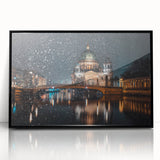 Large abstract wall art depicting a Berlin cityscape, in muted gray tones on a black framed acrylic.