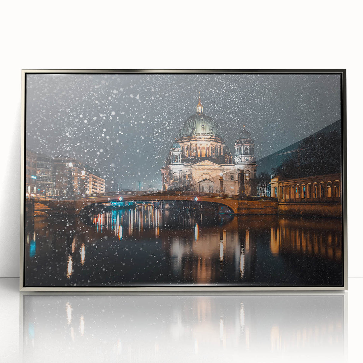 Mid-century modernist art of Berlin skyline in muted blue and gray hues on a silver-framed acrylic print.