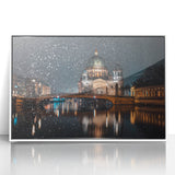 Mid-century modernist art depicting Berlin skyline in muted gray and blue tones on a framed acrylic print.