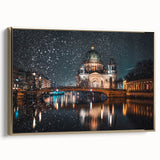 Framed canvas depicting a vintage-style Berlin landscape in black and gold tones, ideal for bedroom wall art.