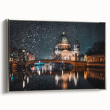 Framed canvas of a Berlin landscape painting in muted colors with vintage poster art style, ideal for office decor.