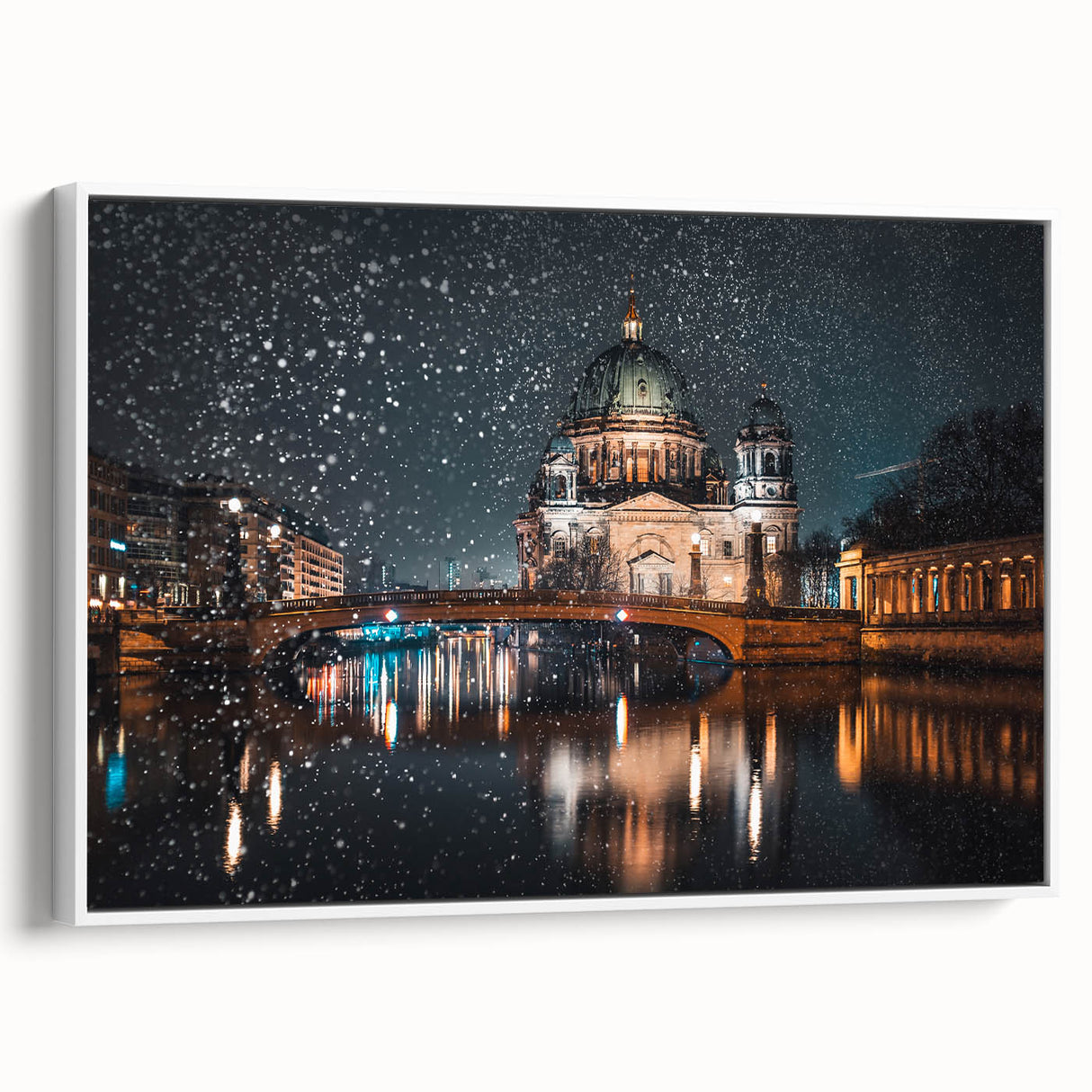 Vintage poster art of Berlin scenery on extra large framed canvas, featuring colorful art on a black background.
