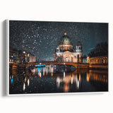 Vintage poster art of Berlin scenery on extra large framed canvas, featuring colorful art on a black background.