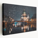 Large art depicting Berlin skyline in muted gray and blue tones on stretched canvas, ideal for kitchen wall art.