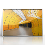 Mid-century modernist art of Munich skyline in muted earth tones on framed acrylic, suitable for nursery wall decor.