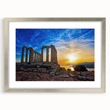 Extra large wall art featuring an abstract scene of Athens, Greece in textured shades of blue and white, framed in silver.