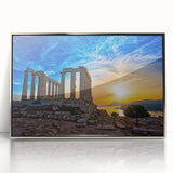 Large art print of Athens scenery in silver-framed acrylic, featuring mid-century modernist style.