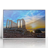 Mid-century modernist art depicting Athens, Greece, in muted earth tones on a framed acrylic, ideal for nursery wall art.