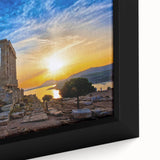 Black wall art featuring a textured depiction of Athens with vibrant splashes of color on a framed canvas.