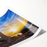 Extra large wall art featuring line art flowers over a scene of Athens, Greece, in muted earth tones.