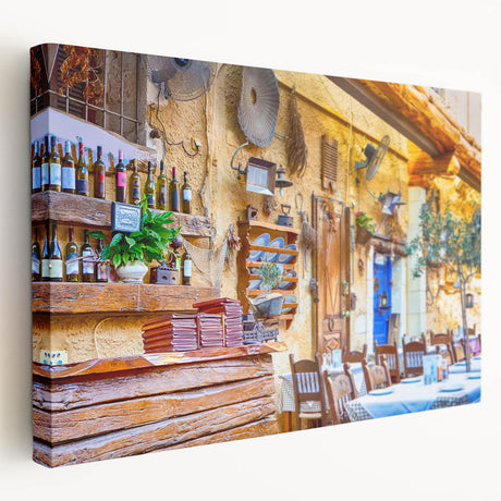 Large art depicting a serene Crete landscape in muted earth tones on stretched canvas, ideal for kitchen wall art.