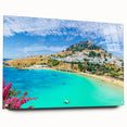 Acrylic print of Rhodes, Greece with a side view, featuring blue and white tones, ideal for dining room decor.