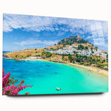 Acrylic print of a scenic Rhodes, Greece landscape, featuring soft pastel hues, ideal for bedroom or dining room art.