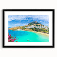 Extra large colorful art print depicting abstract scenery of Rhodes, Greece, with textured design on a black framed mat.