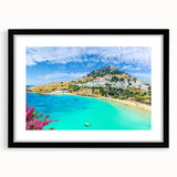 Extra large colorful art print depicting abstract scenery of Rhodes, Greece, with textured design on a black framed mat.