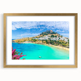 Abstract art print of a European scenery in Rhodes, Greece, featuring muted earth tones on a framed gold mat.
