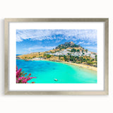 Extra large textured abstract art print of a European scenery in Rhodes, Greece, framed in silver.