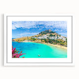 Textured abstract art print of Rhodes scenery in muted earth tones on a framed white mat, suitable for bedroom decor.