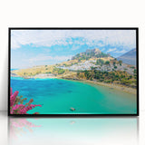 Large abstract wall art depicting a European scenery in Rhodes, Greece with muted colors on a framed acrylic.