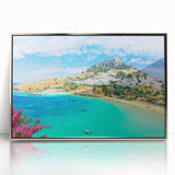 Framed acrylic print of Rhodes, Greece with silver hues, ideal for modern art wall decor.