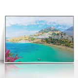 Mid-century modernist art depicting a serene Rhodes, Greece landscape in muted earth tones on a framed acrylic panel.