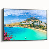 Black and white framed canvas of a vintage Rhodes, Greece landscape, ideal for bedroom decor.
