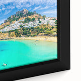 Extra large framed canvas of a textured black wall art depicting colorful Rhodes, Greece scenery.