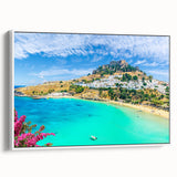 Vintage poster art of Rhodes, Greece in vibrant colors on extra large framed canvas, ideal for living room decor.