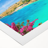 Art deco poster of Rhodes, Greece in muted blue and white tones on rolled canvas, suitable for dining room wall art.