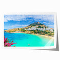 Rolled print of Rhodes, Greece scenery with vibrant floral elements, ideal for art wall dining room.