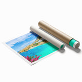 Extra large rolled print of Rhodes, Greece scenery with vibrant floral accents, ideal for classy bathroom wall art.