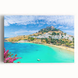 Black and white photograph of Rhodes, Greece on stretched canvas, featuring architectural details.