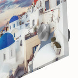 Large abstract wall art depicting Santorini, Greece in vibrant blue and white tones on acrylic glass.