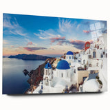 Acrylic print of Santorini landscape in vivid blue and white tones, suitable for bedroom or dining room decor.