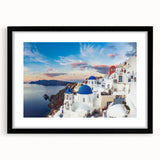 Extra large framed print of an abstract Santorini landscape in vibrant blues and whites, ideal for living room decor.