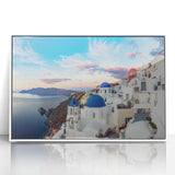 Mid-century modernist art of Santorini landscape in muted blue and white hues on a framed acrylic.