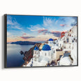 Black and white framed canvas of Santorini landscape, ideal for bedroom wall art.