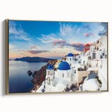 Framed canvas of vintage Santorini landscape in black with gold accents, ideal for bedroom wall art.