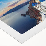 Art deco poster of Santorini with blue and white tones on rolled canvas, suitable for dining room wall art.